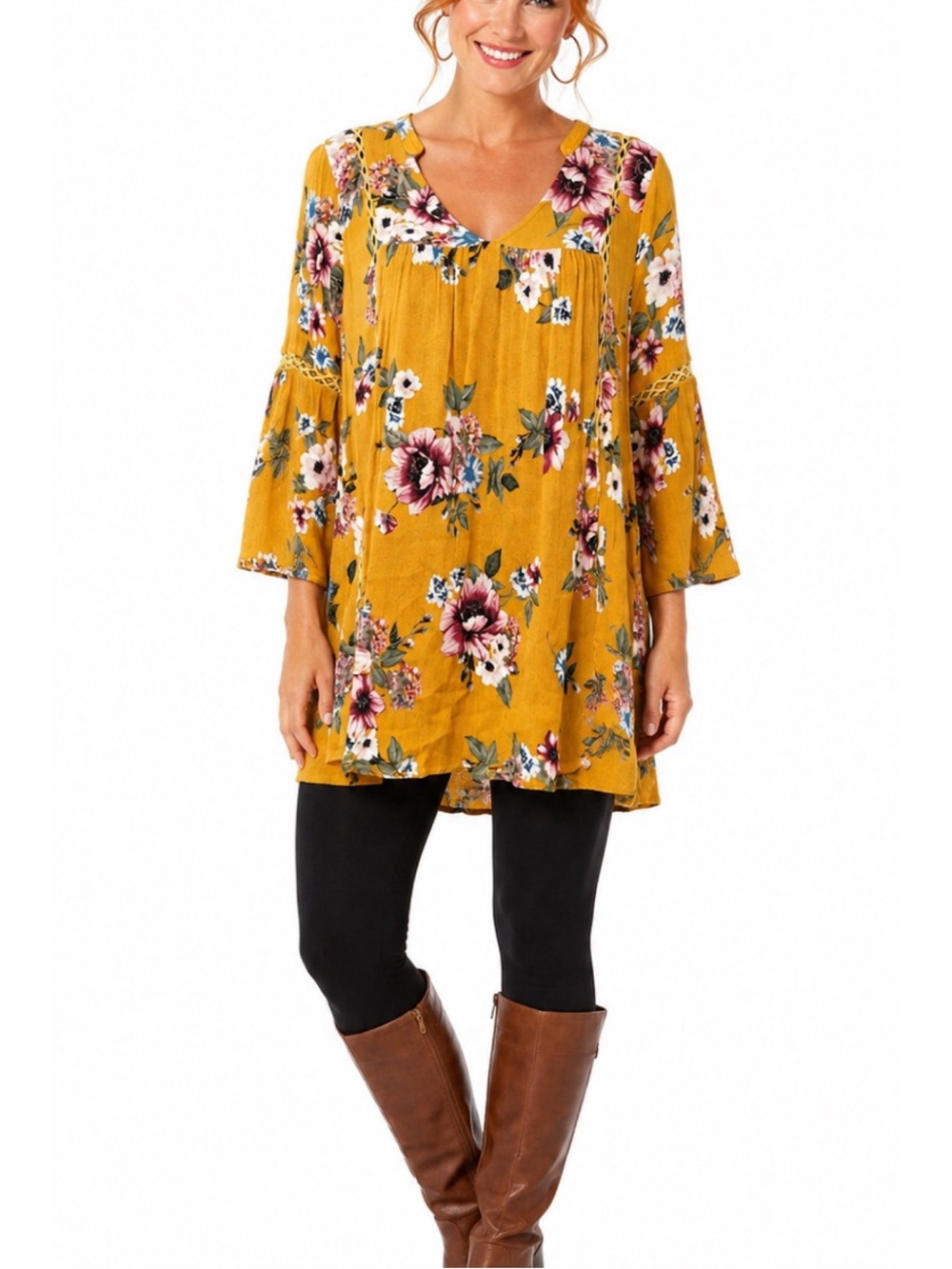Oddy boutique yellow floral print tunic top, size medium